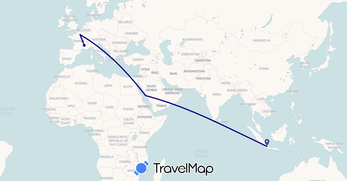 TravelMap itinerary: driving in France, Indonesia, Saudi Arabia (Asia, Europe)